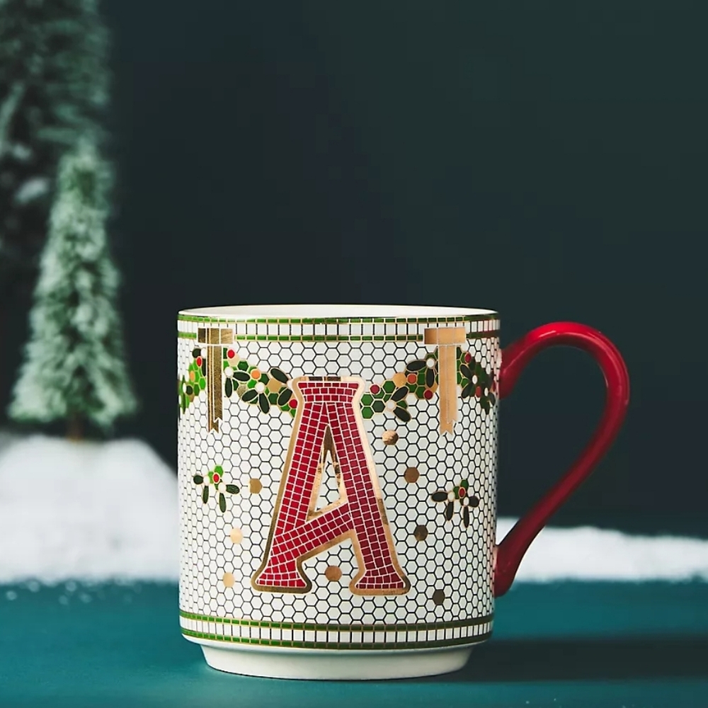 ANTHROPOLOGIE Limited Edition Festive Bistro Tile Monogram Mug Letter A